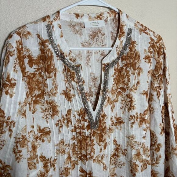 Charter Club Blouse Women's XL Linen Luxury V-Neck Boho Pleated Beaded Top - Picture 2 of 8